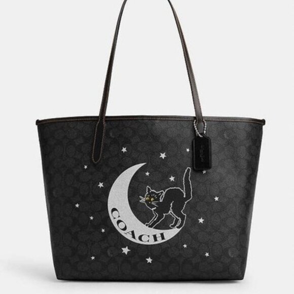 Coach Gray Tote with Cat and Moon Motif - Picture 1 of 5